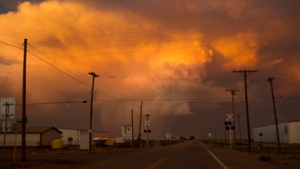 A town near sunset