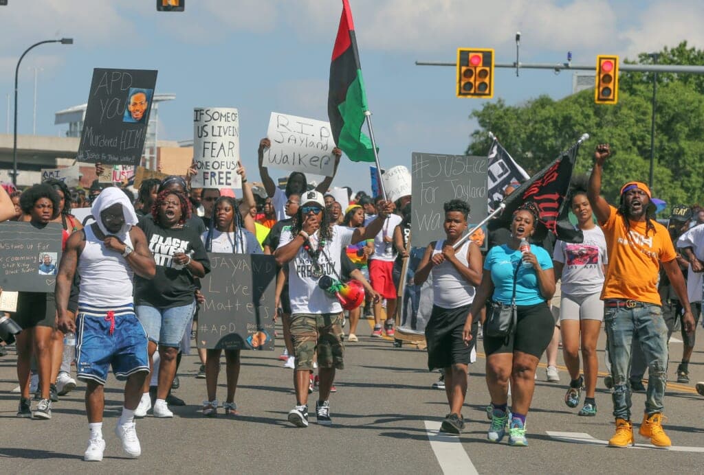 Protesters on East Exchange Street in Akron, Ohio