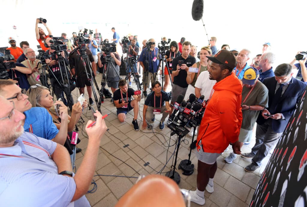 Cleveland Browns quarterback Deshaun Watson speaks to the media