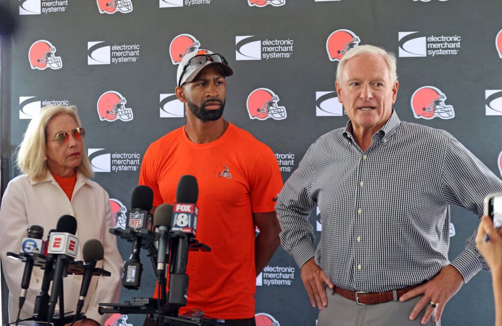 Cleveland Browns personnel Dee Haslam, Andrew Berry and Jimmy Haslam