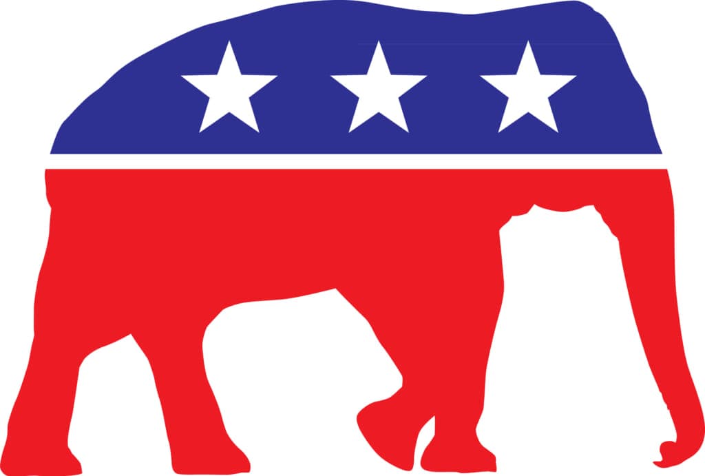 Illustration of a red, white and blue elephant with three white stars on it