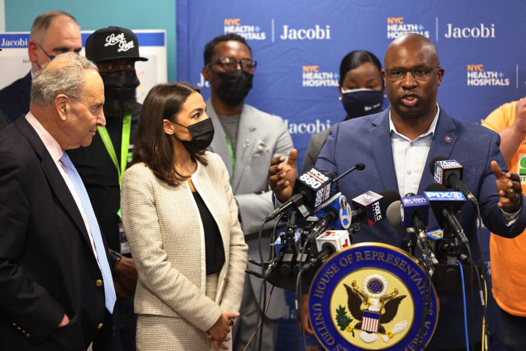Rep. Jamaal Bowman (D-NY) answers a question during a press conference