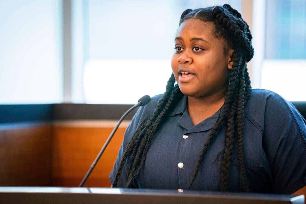 Pieper Lewis gives her allocution during a sentencing hearing