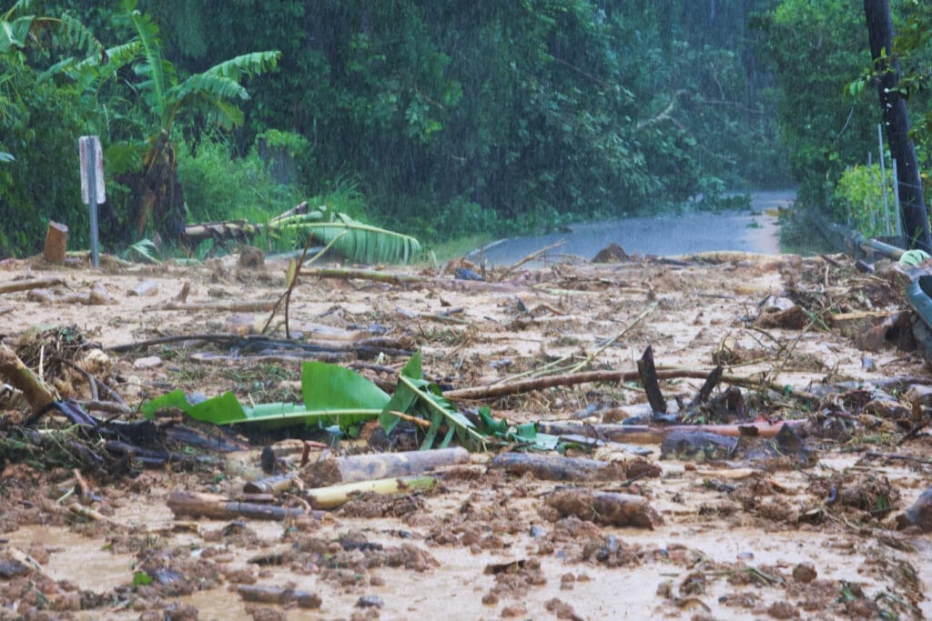A road blocked by a mudslide caused by Hurricane Fiona