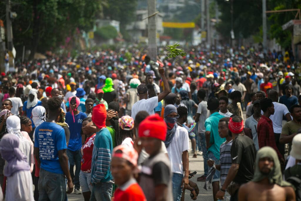 Demonstrators fill the streets during a protest