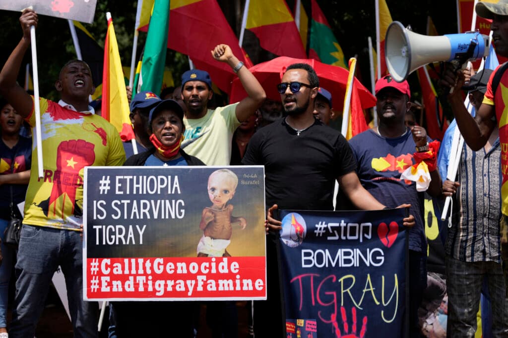 Demonstrators hold signs protesting the conflict between Ethiopia and Tigray rebels