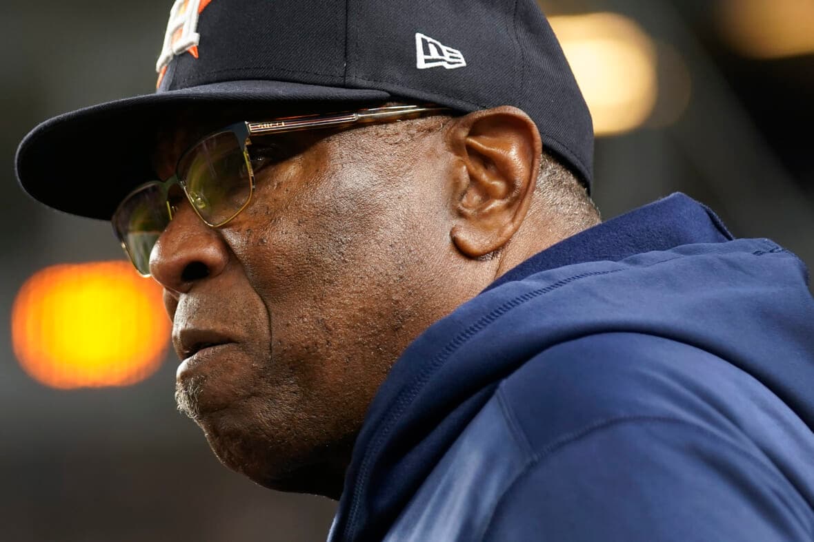 Houston Astros manager Dusty Baker Jr. wearing a blue jacket and black baseball cap