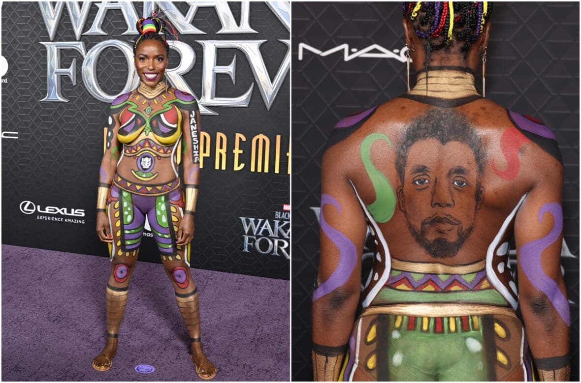 Actor Janeshia Adams-Ginyard pays tribute to “Black Panther 2: Wakanda Forever” and late star Chadwick Boseman