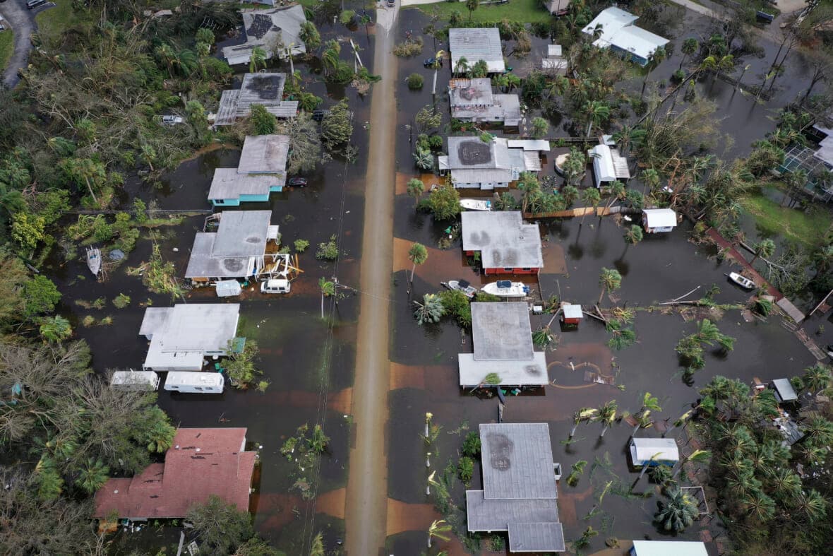 Flooded homes are shown in an aerial view of Port Charlotte, Florida after Hurricane Ian