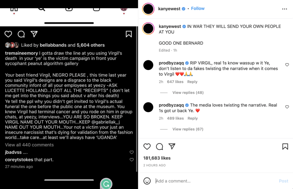 Tweets by Kanye West commenting on conversations