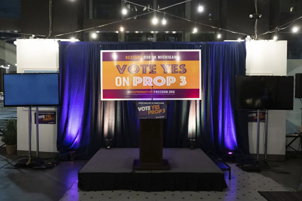 Decorations stand on display at a watch party for Michigan Proposal 3