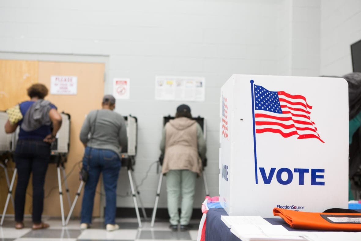 People stand at voting booths
