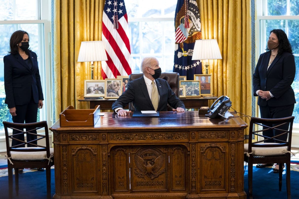 Vice President Kamala Harris, President Joe Biden and Administrator of the SBA Isabella Casillas Guzman