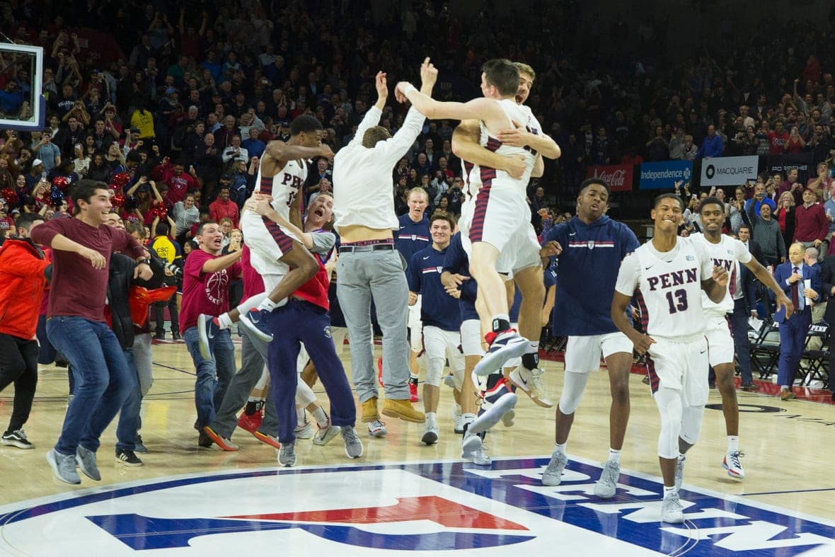 AJ Brodeur, Max Rothschild and Eddie Scott of the Pennsylvania Quakers celebrate