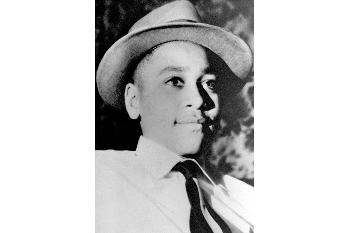 Black-and-white photo of Emmett Louis Till, a 14-year-old boy lynched in 1955