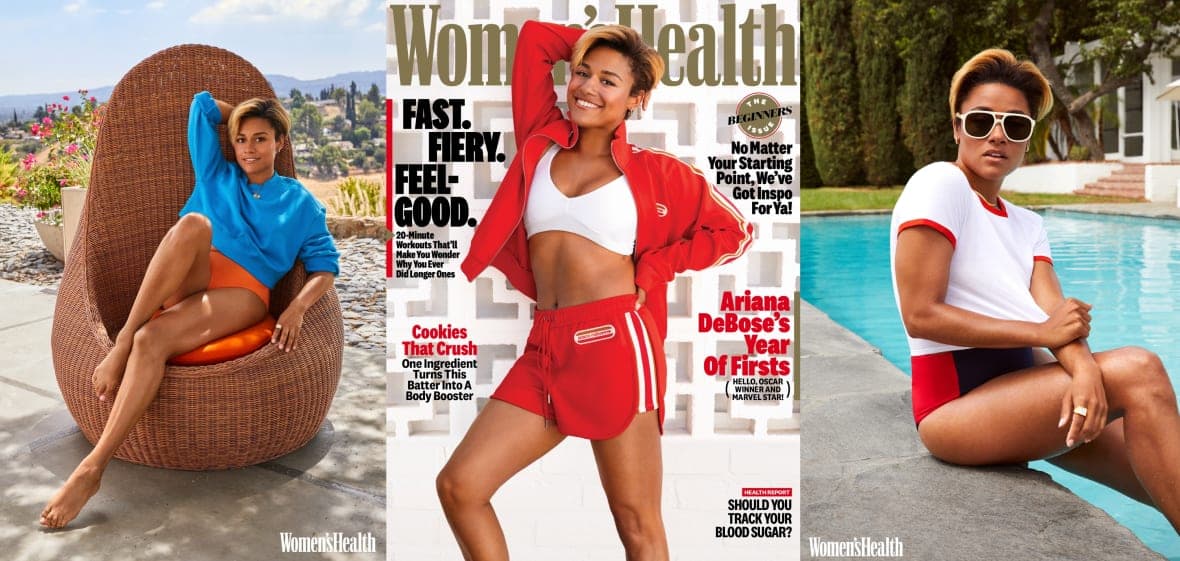 Actor, singer and dancer Ariana DeBose in a wicker chair, on Women's Health magazine and sitting on the edge of a pool