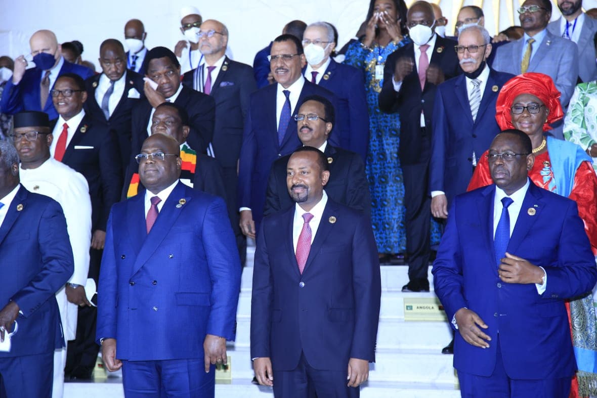 Ethiopian Prime Minister Abiy Ahmed (center) and other leaders