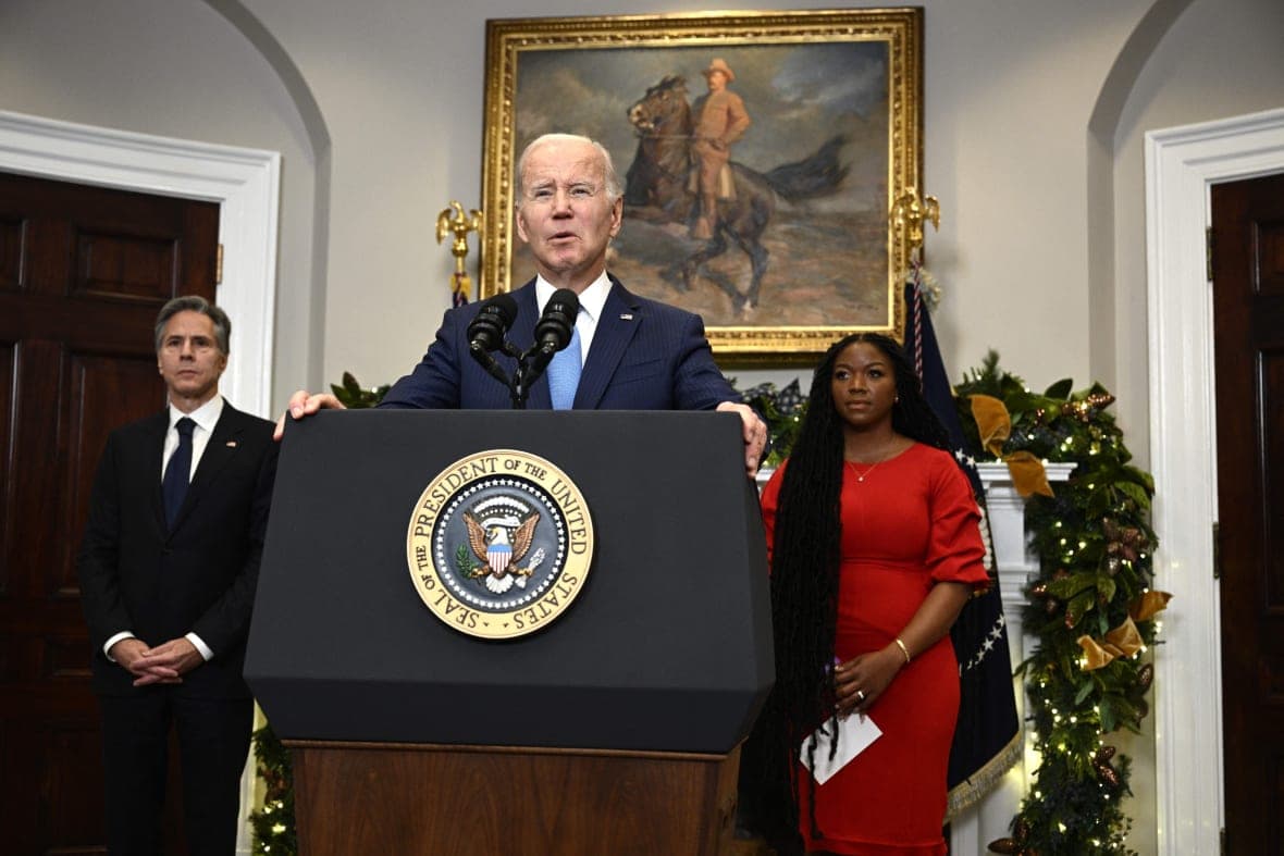 Secretary of State Antony Blinken, President Joe Biden and Cherelle Griner, spouse of basketball player Brittney Griner