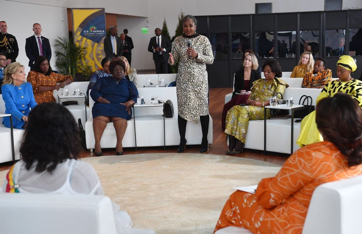 First lady of the Republic of Namibia, Monica Geingo, with First Lady Jill Biden, left