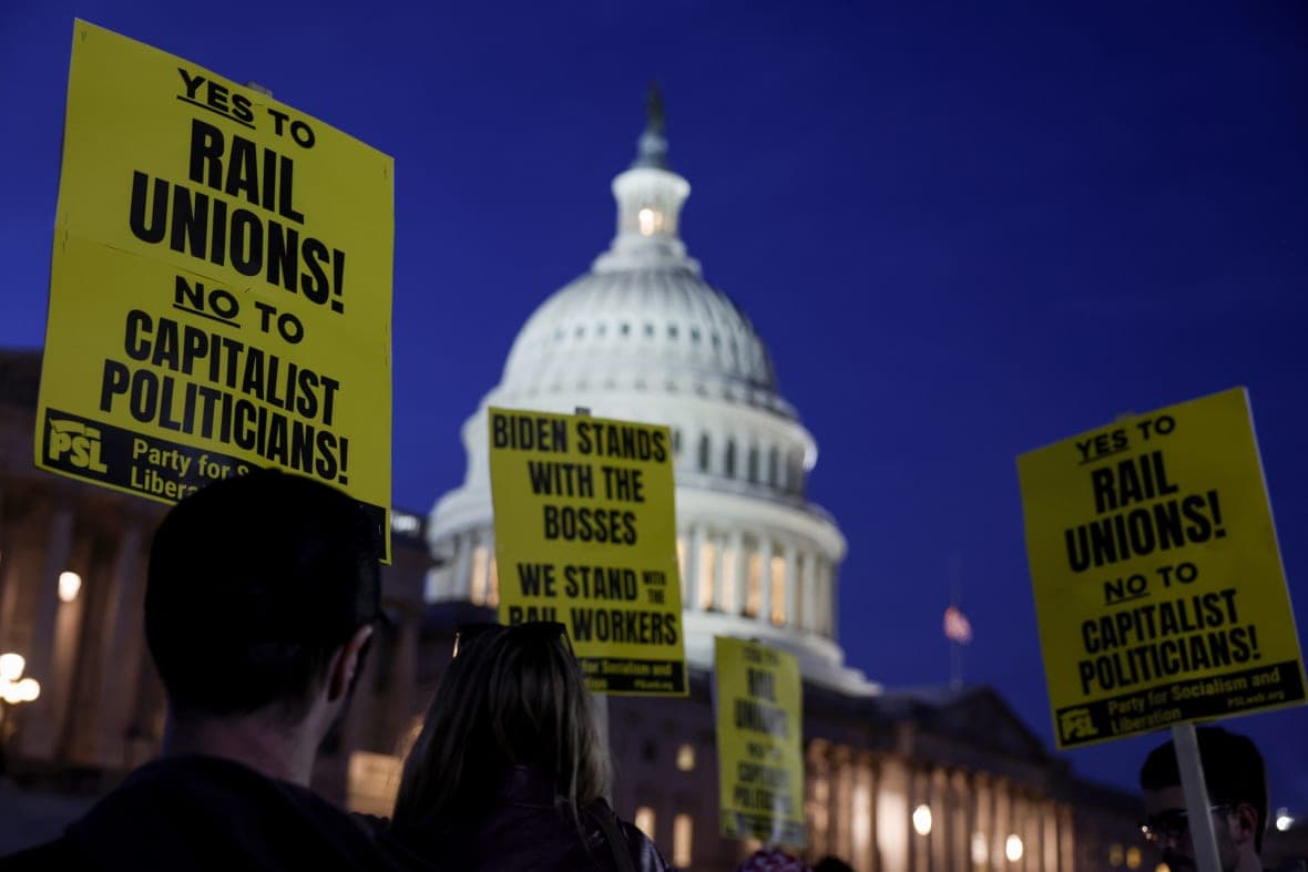 Activists in support of unionized rail workers protest outside the U.S. Capitol Building