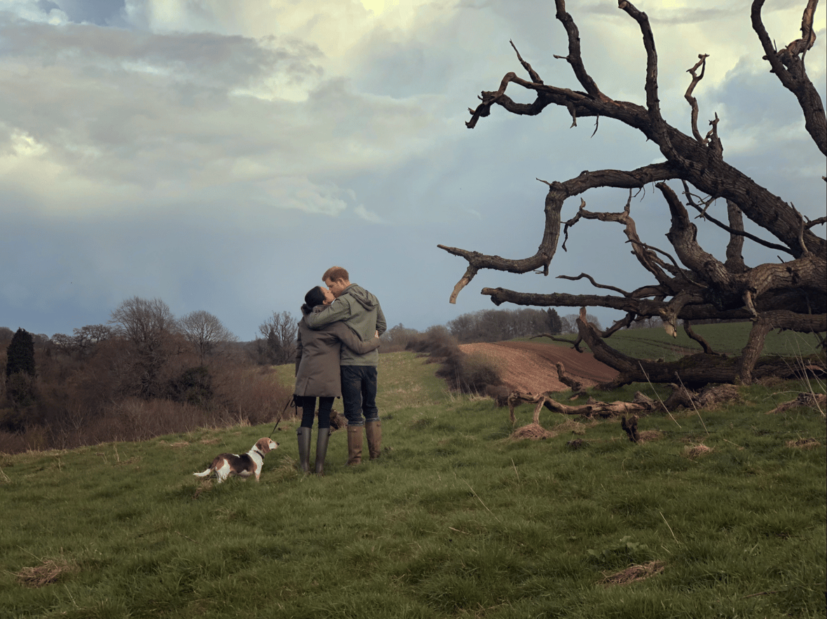 The Duke and Duchess of Sussex and pet in a still from “Harry & Meghan”