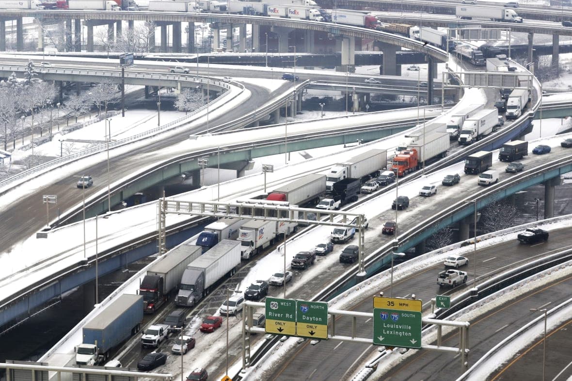 A traffic jam on the Brent Spence Bridge near downtown Cincinnati