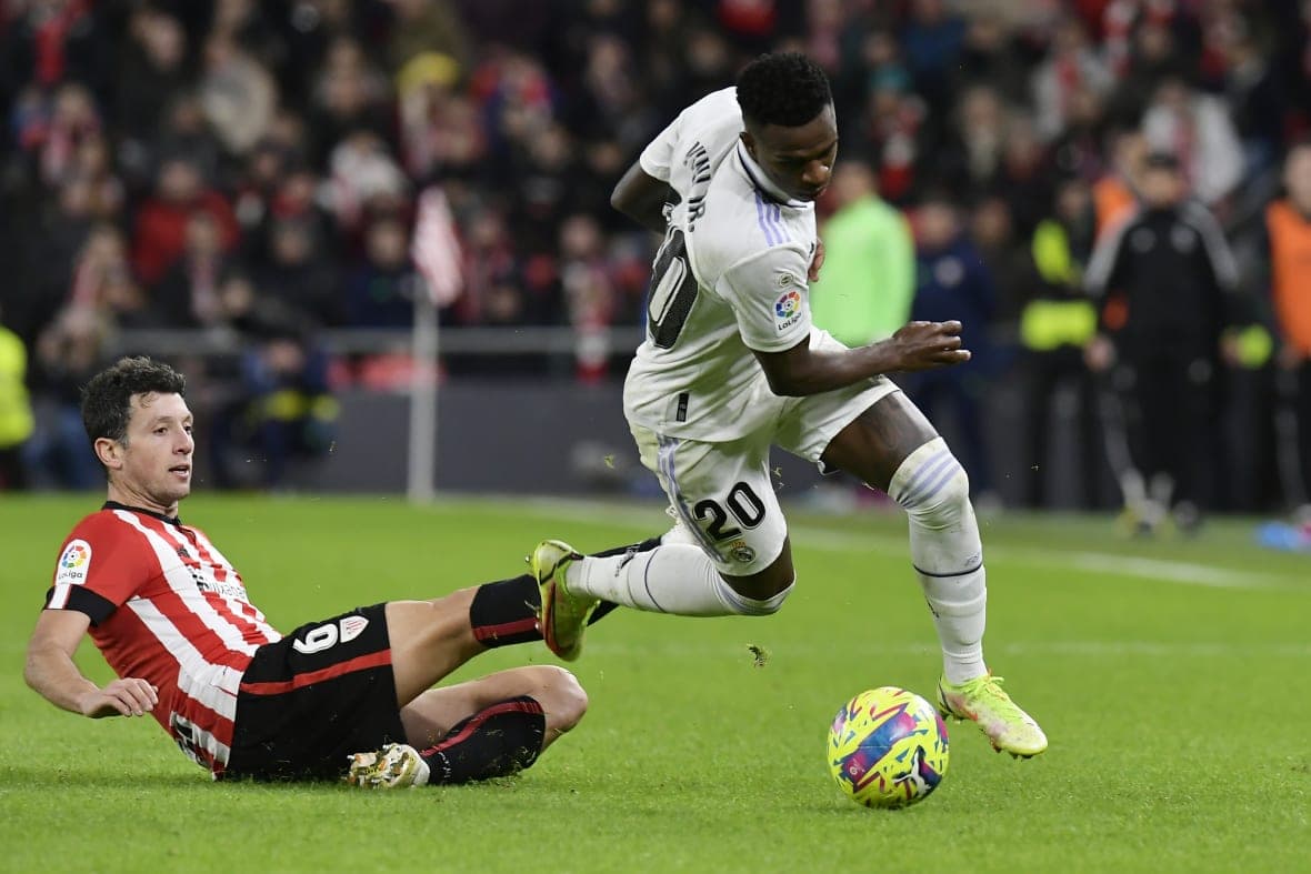Athletic Bilbao’s Mikel Vesga and Real Madrid’s Vinicius Junior