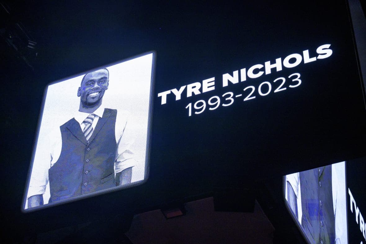The screen at the Smoothie King Center in New Orleans honors Tyre Nichols