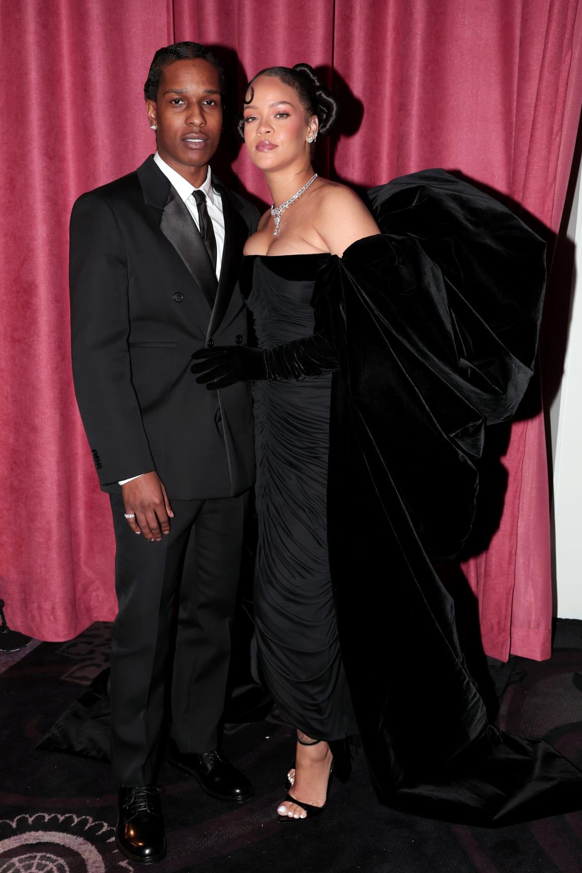 Rapper A$AP Rocky and singer Rihanna, both wearing black