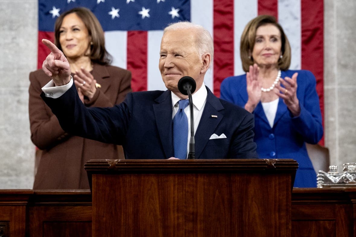 Vice President Kamala Harris , President Joe Biden and House Speaker Nancy Pelosi, D-Calif.