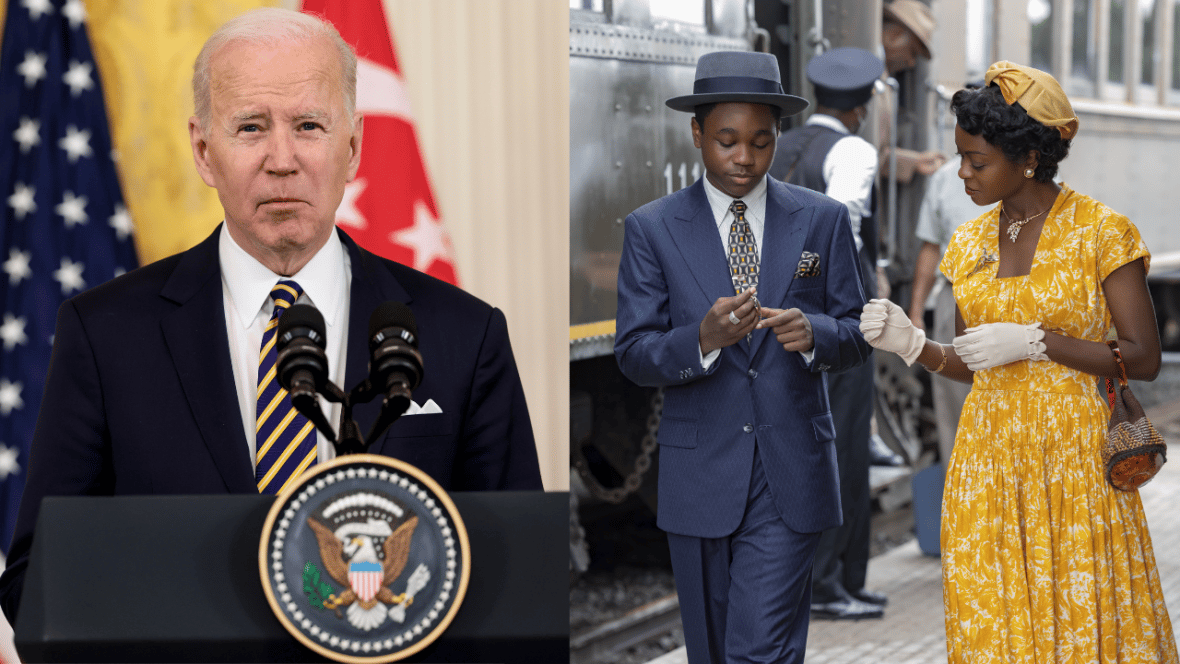 President Joe Biden and a scene from the movie "Till"