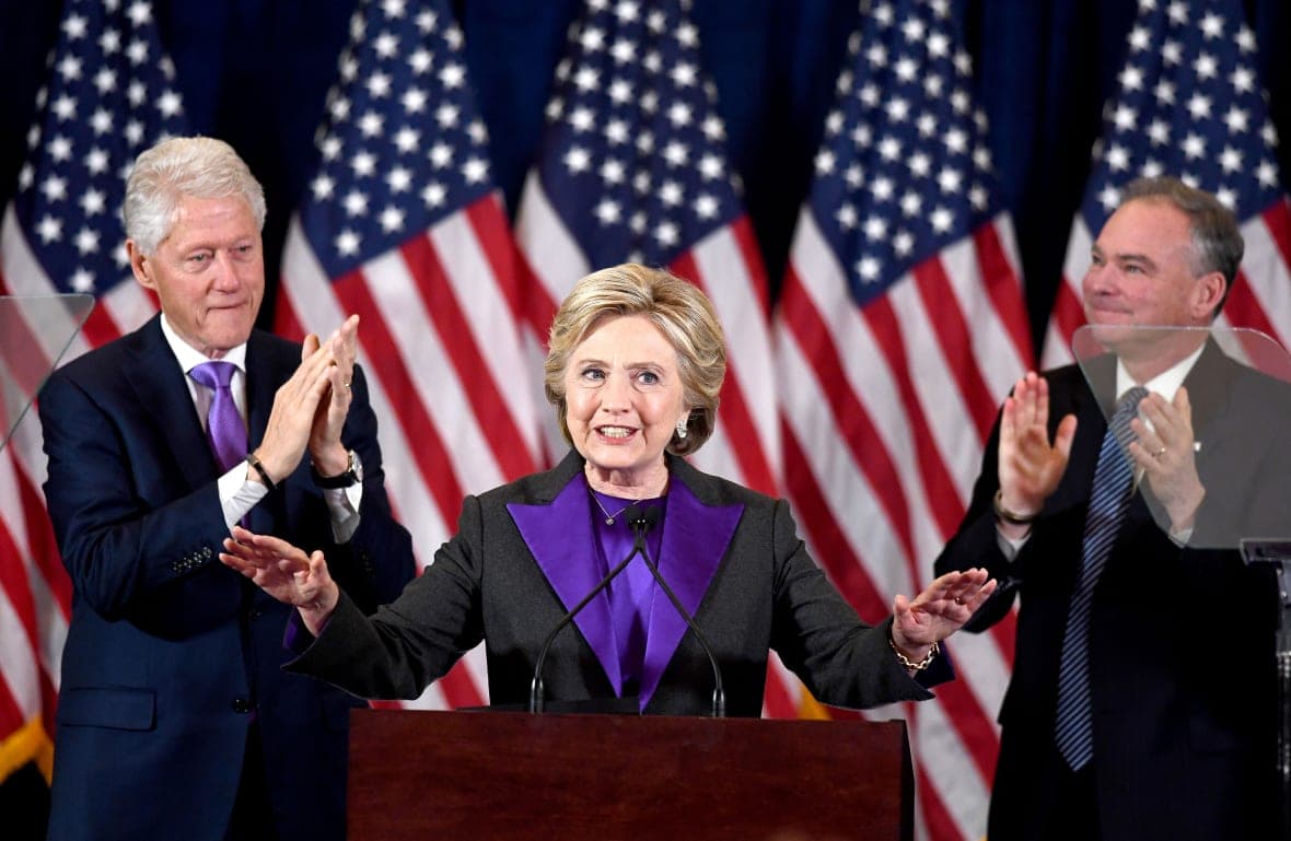 Tim Kaine, former Democratic presidential candidate Hillary Clinton and former president Bill Clinton