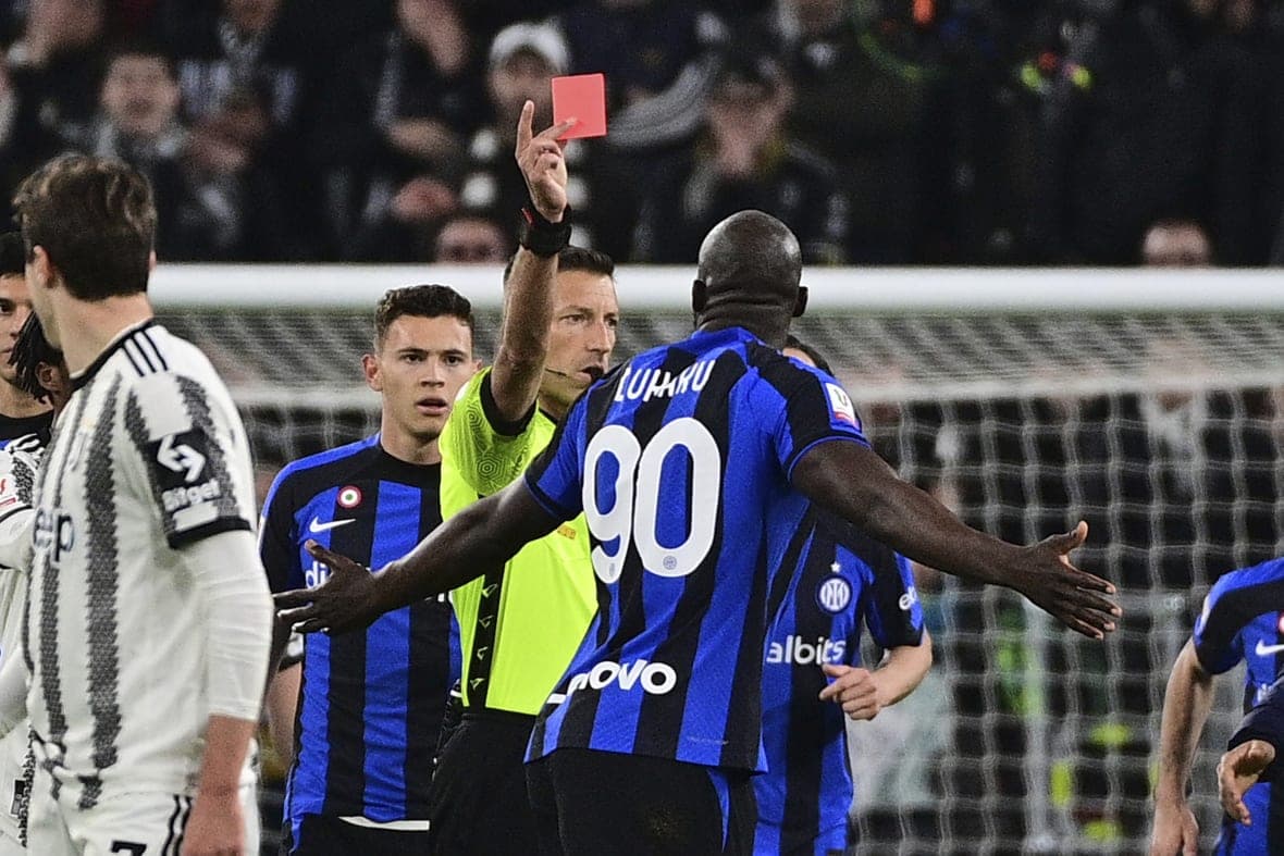 Soccer player Romelu Lukaku of Inter Milan is issued a red card