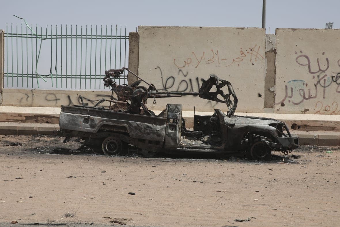 A destroyed military vehicle