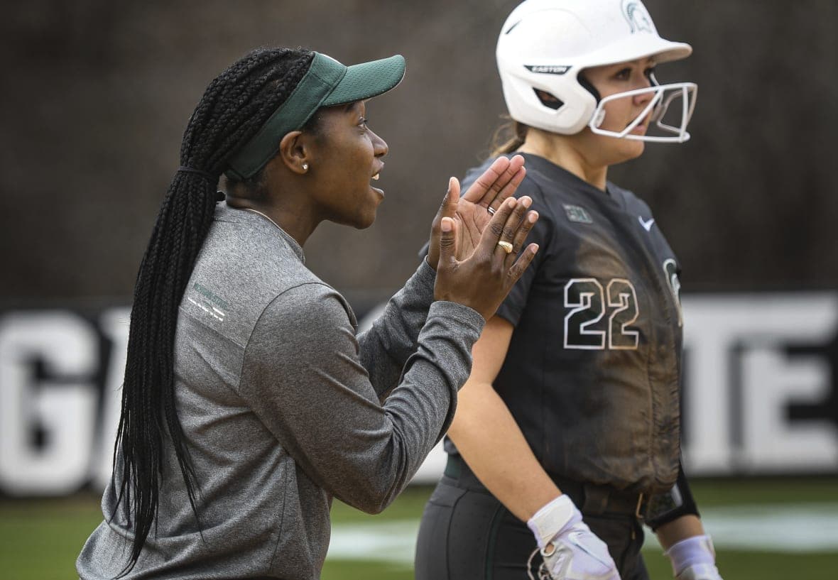Michigan State head coach Sharonda McDonald-Kelley and freshman outfielder Britain Beshears