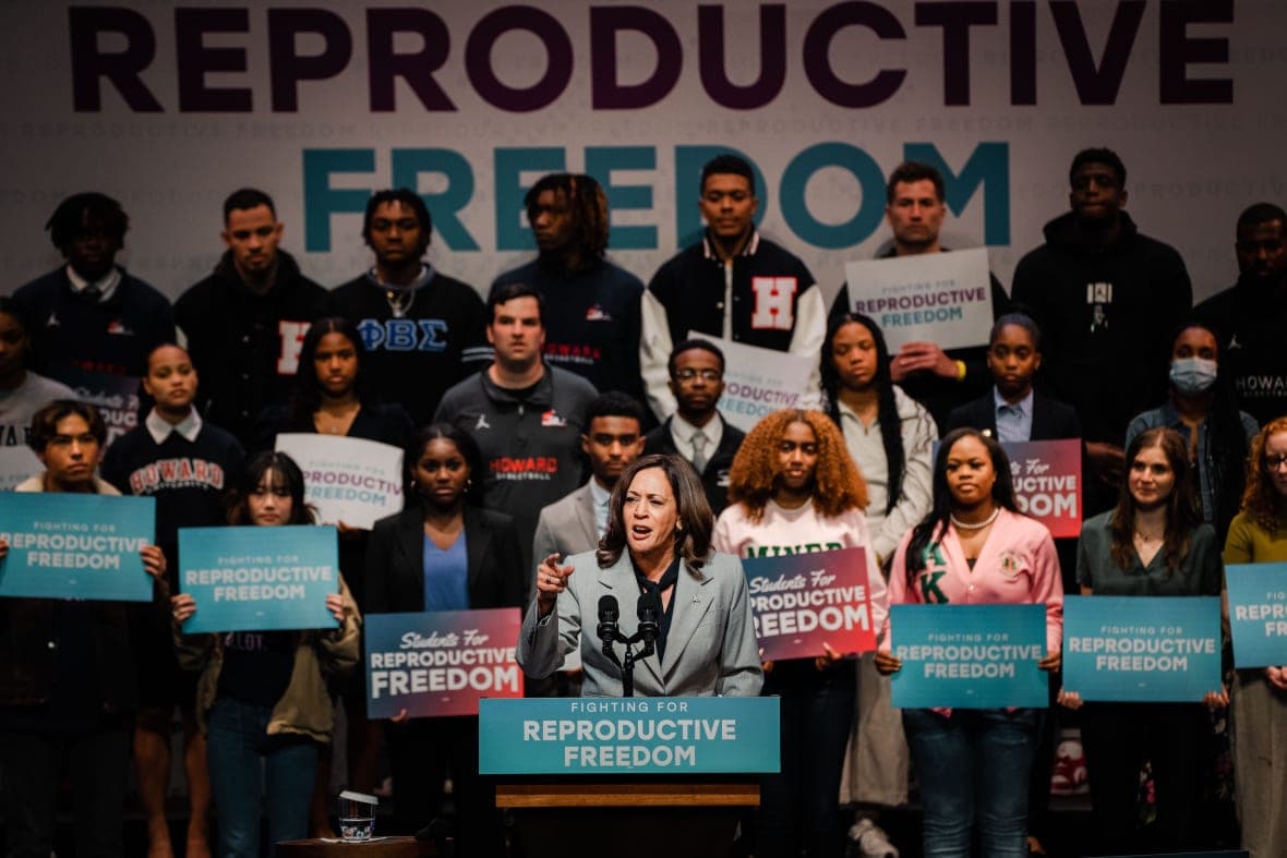 Vice President Kamala Harris, wearing a light gray suit, stands behind a podium