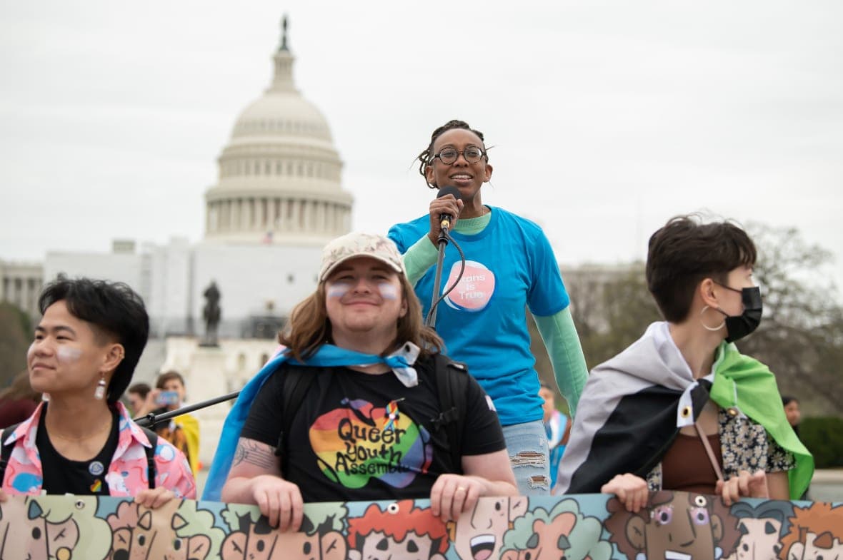 Kelley Robinson, Human Rights Campaign President, speaks at a rally