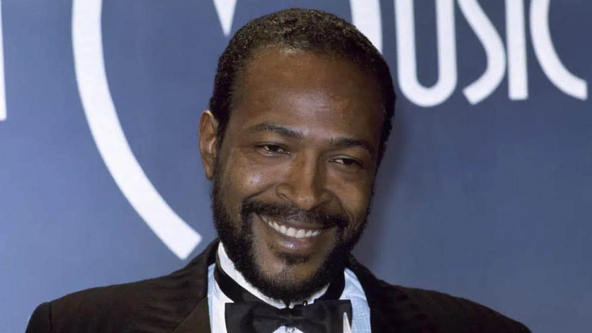 Late singer-songwriter Marvin Gaye in a black jacket and bow tie