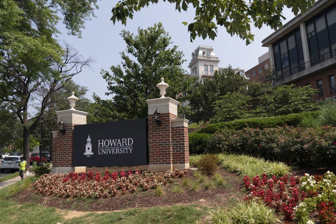 An electronic signboard welcomes people to the Howard University campus
