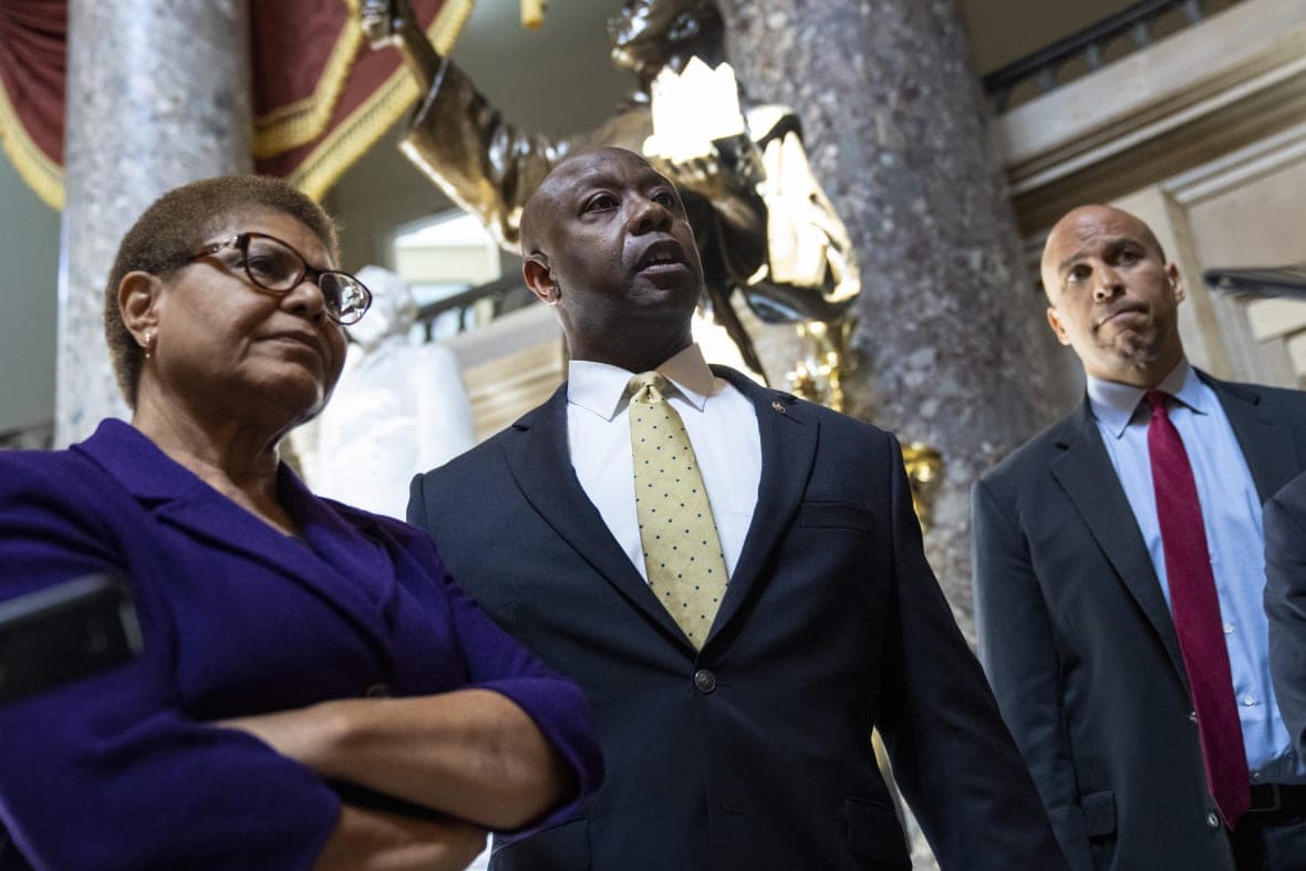 Representative Karen Bass of California, Senator Tim Scott of South Carolina and Senator Cory Booker of New Jersey