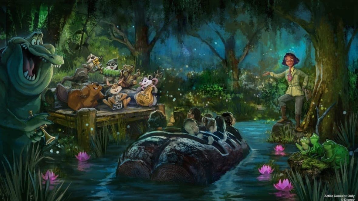 Artist’s rendering of the upcoming Disney Parks attraction “Tiana’s Bayou Adventure”