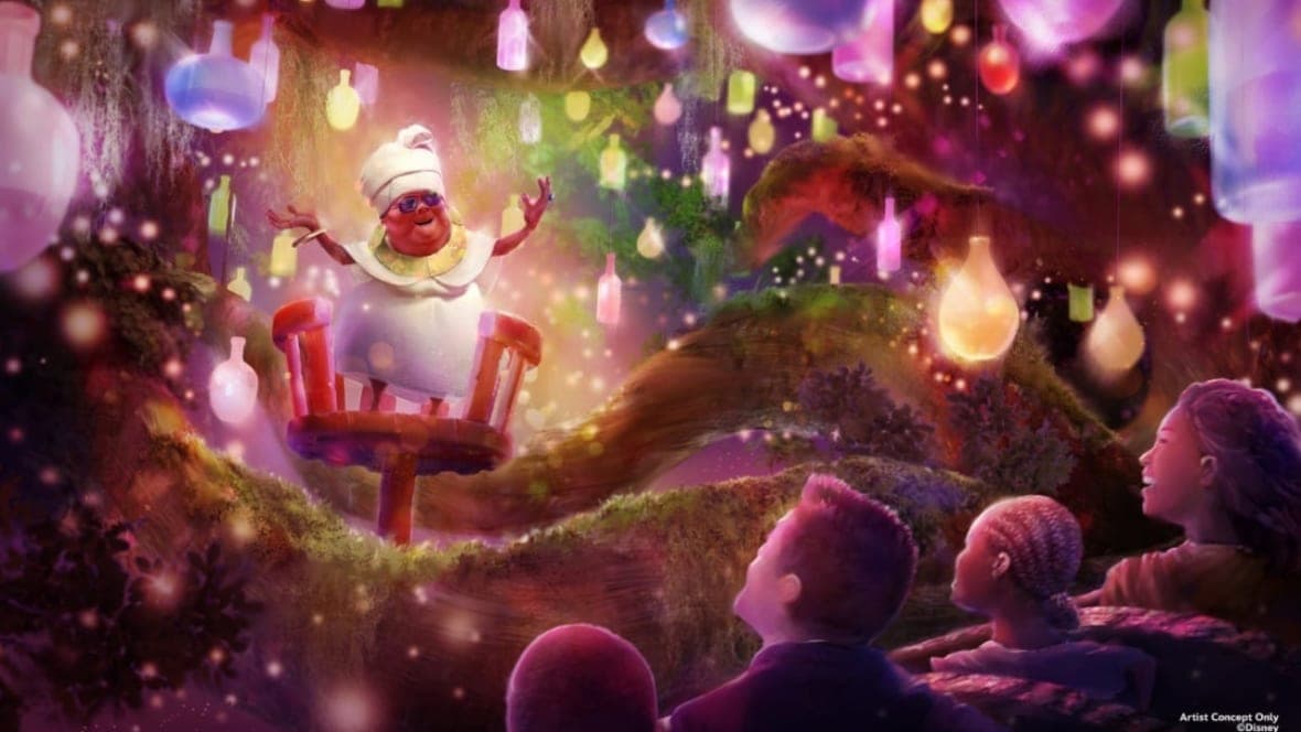 Artist’s rendering of the upcoming Disney Parks attraction “Tiana’s Bayou Adventure”