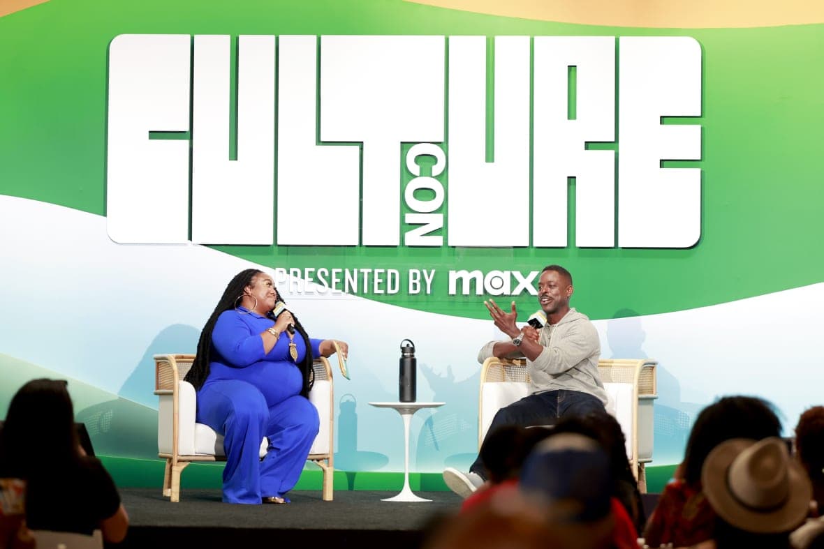 Writer and producer Brande Victorian and actor Sterling K. Brown sit onstage
