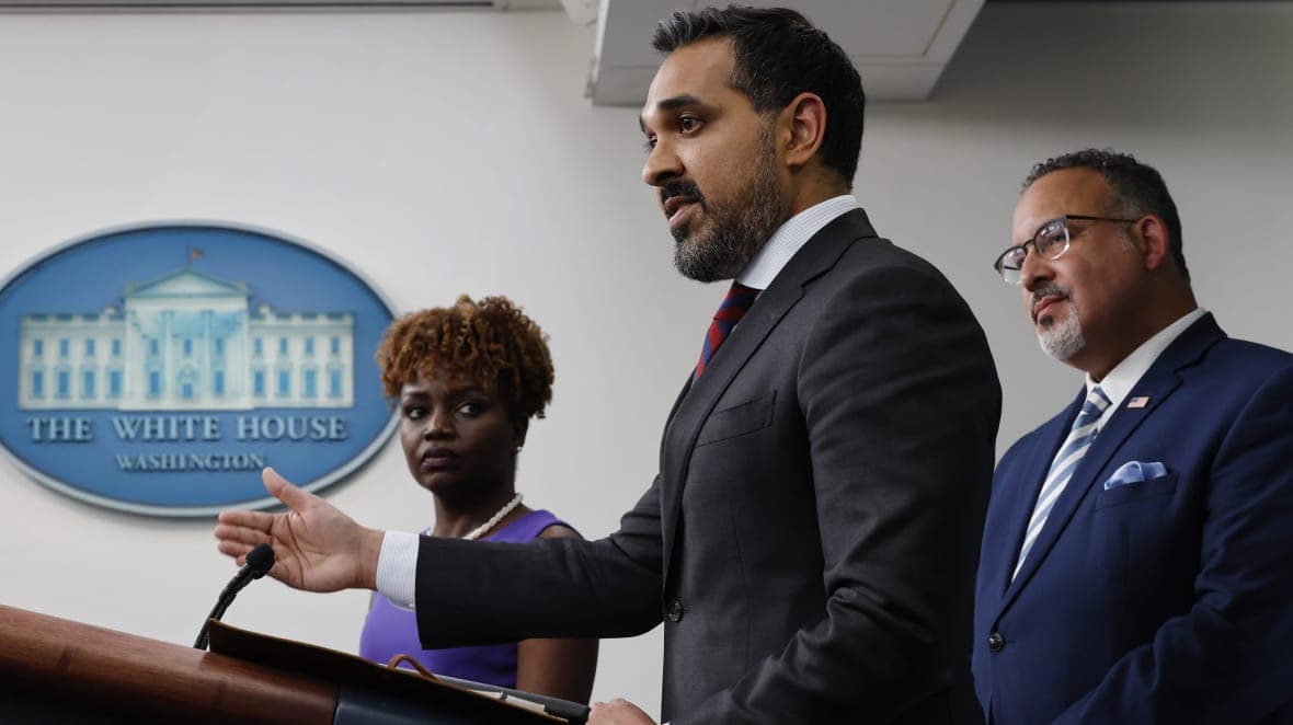 Press Secretary Karine Jean-Pierre, NEC Deputy Director Bharat Ramamurti and Education Secretary Miguel Cardona