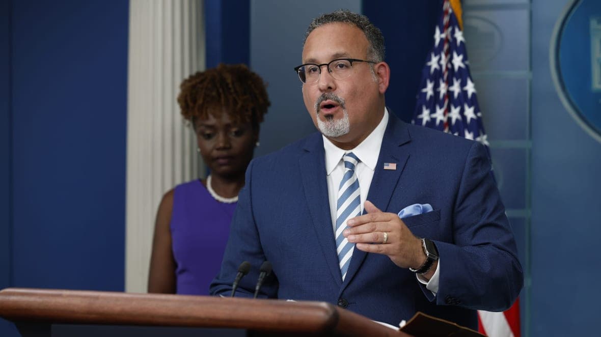 White House Press Secretary Karine Jean-Pierre and Education Secretary Miguel Cardona