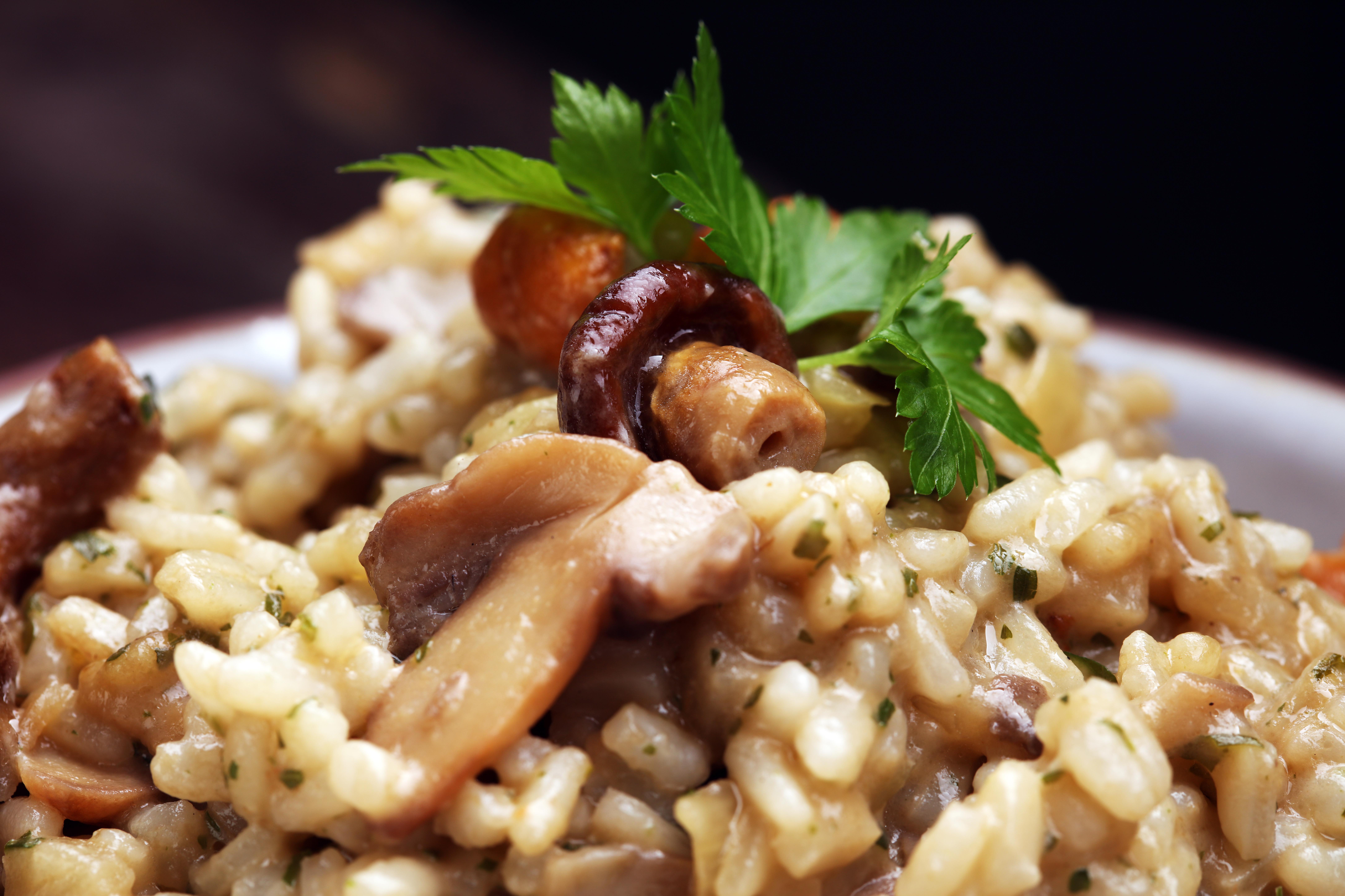 Risotto with mushrooms, fresh herbs and Parmesan cheese gets elevated with turkey