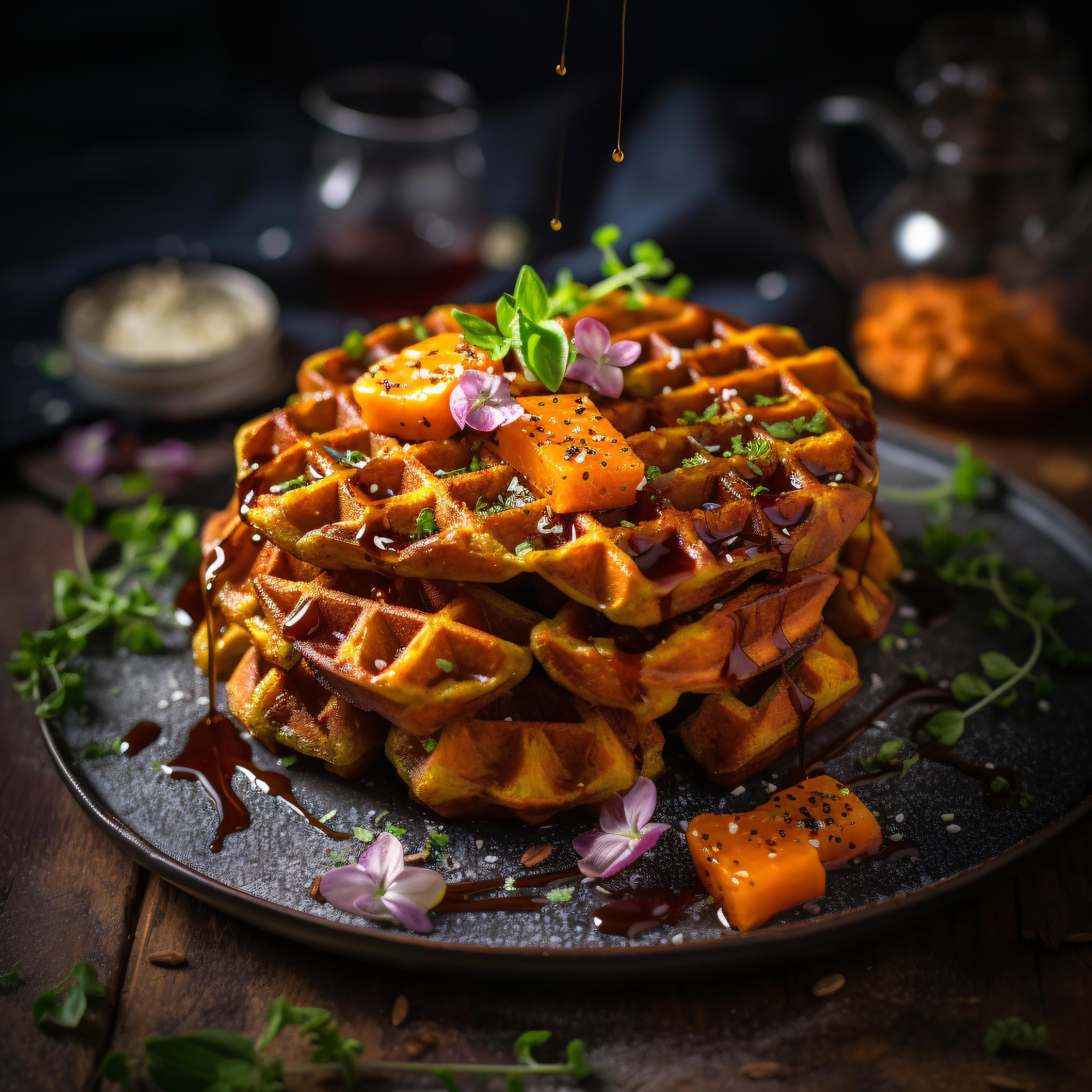 Sweet potato waffles are even better with a leftover piece of ham