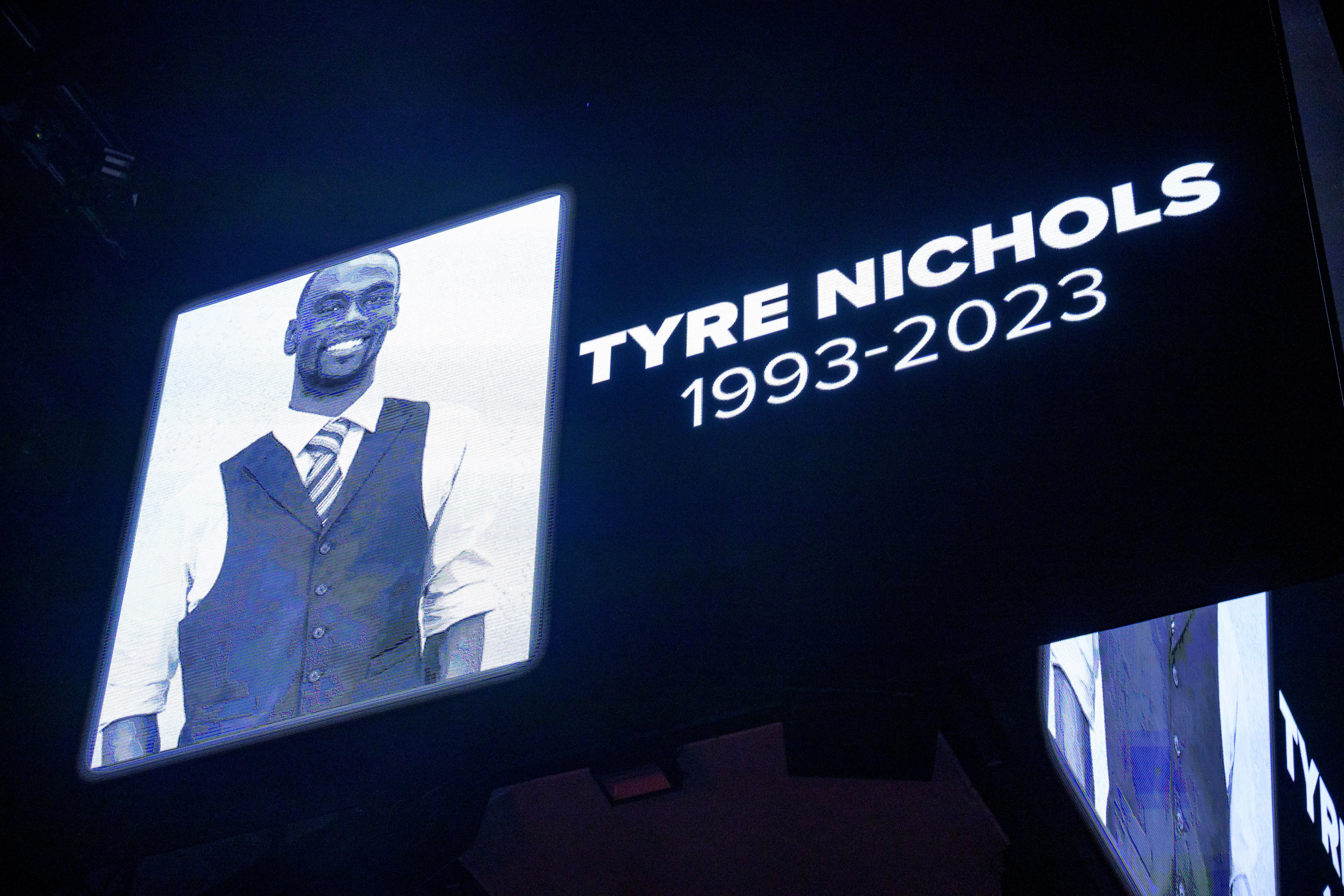 The screen at the Smoothie King Center in New Orleans honors Tyre Nichols
