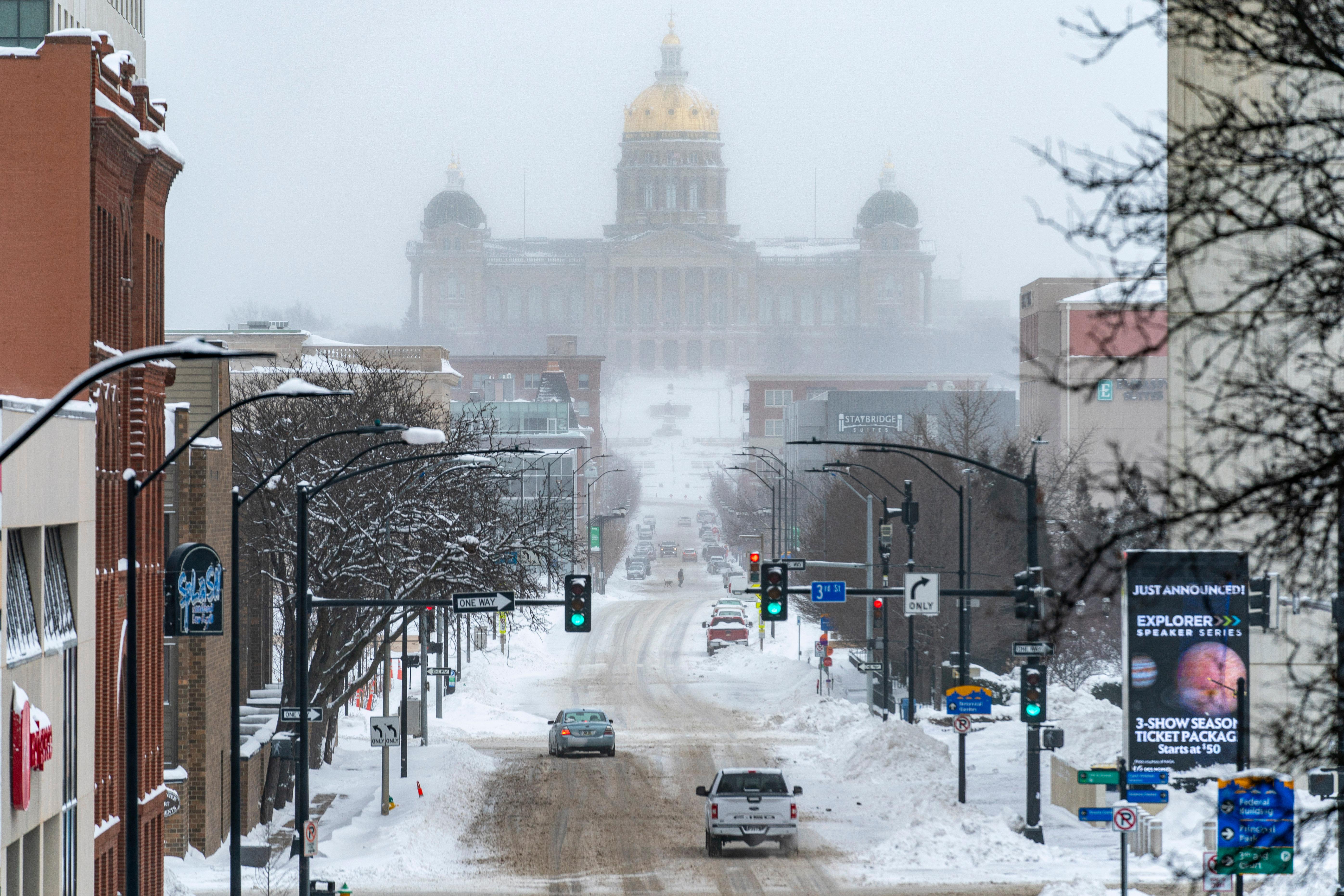 The Iowa State Capitol Building is seen in the distance