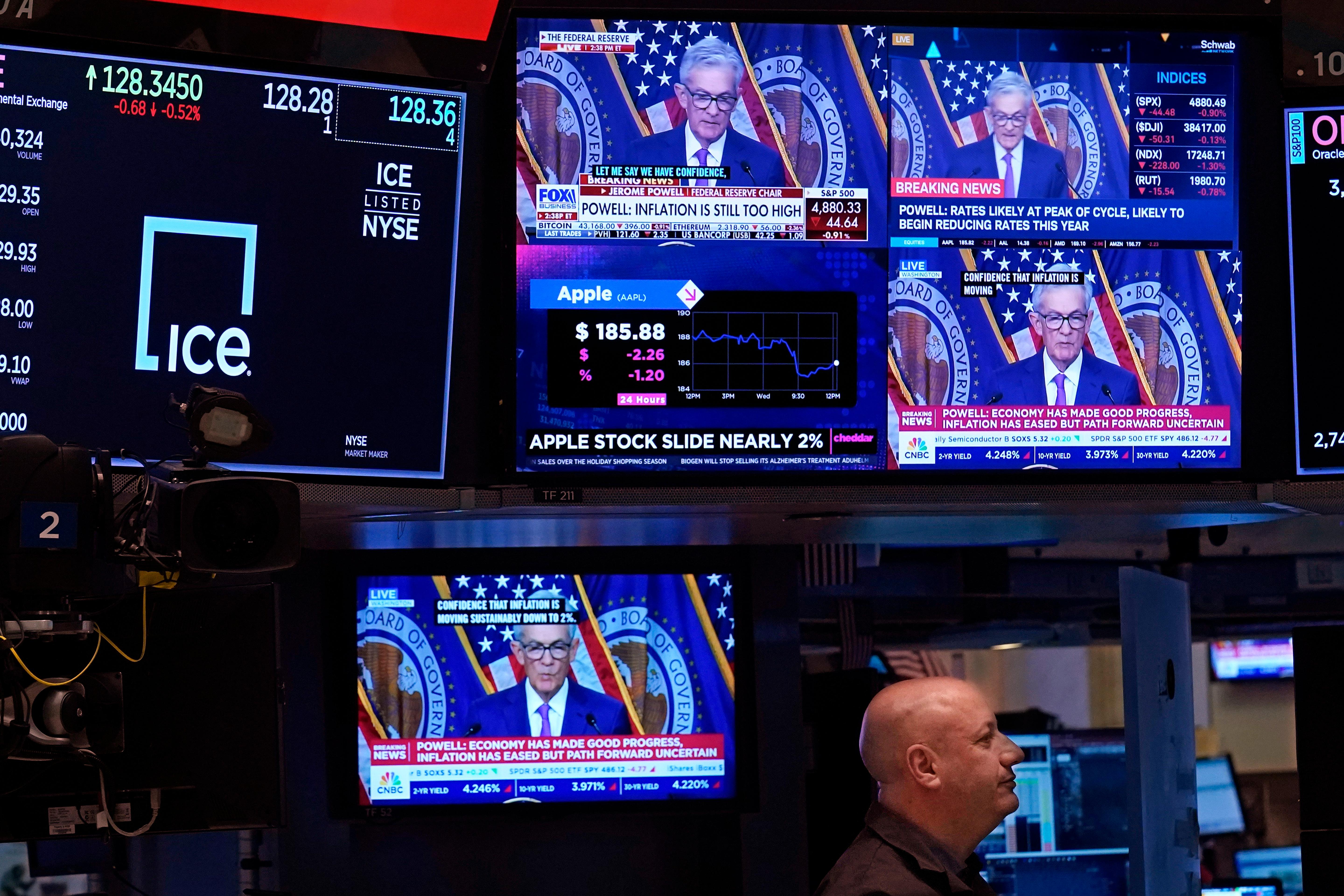 Several screens, some showing stock information